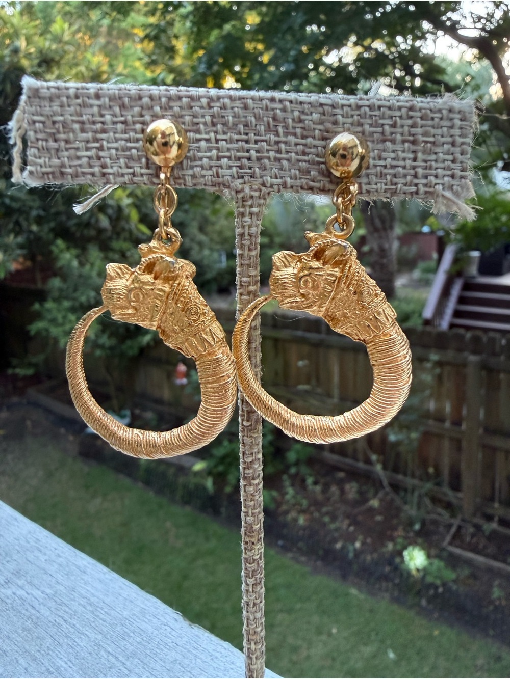 Vintage Ram's Head Earrings Gold Tone Screw-Backs Heavy Statement Jewelry